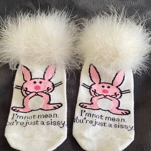 Vintage Jim Benton White Socks with Pink Bunny and Fluffy Pom Cuffs